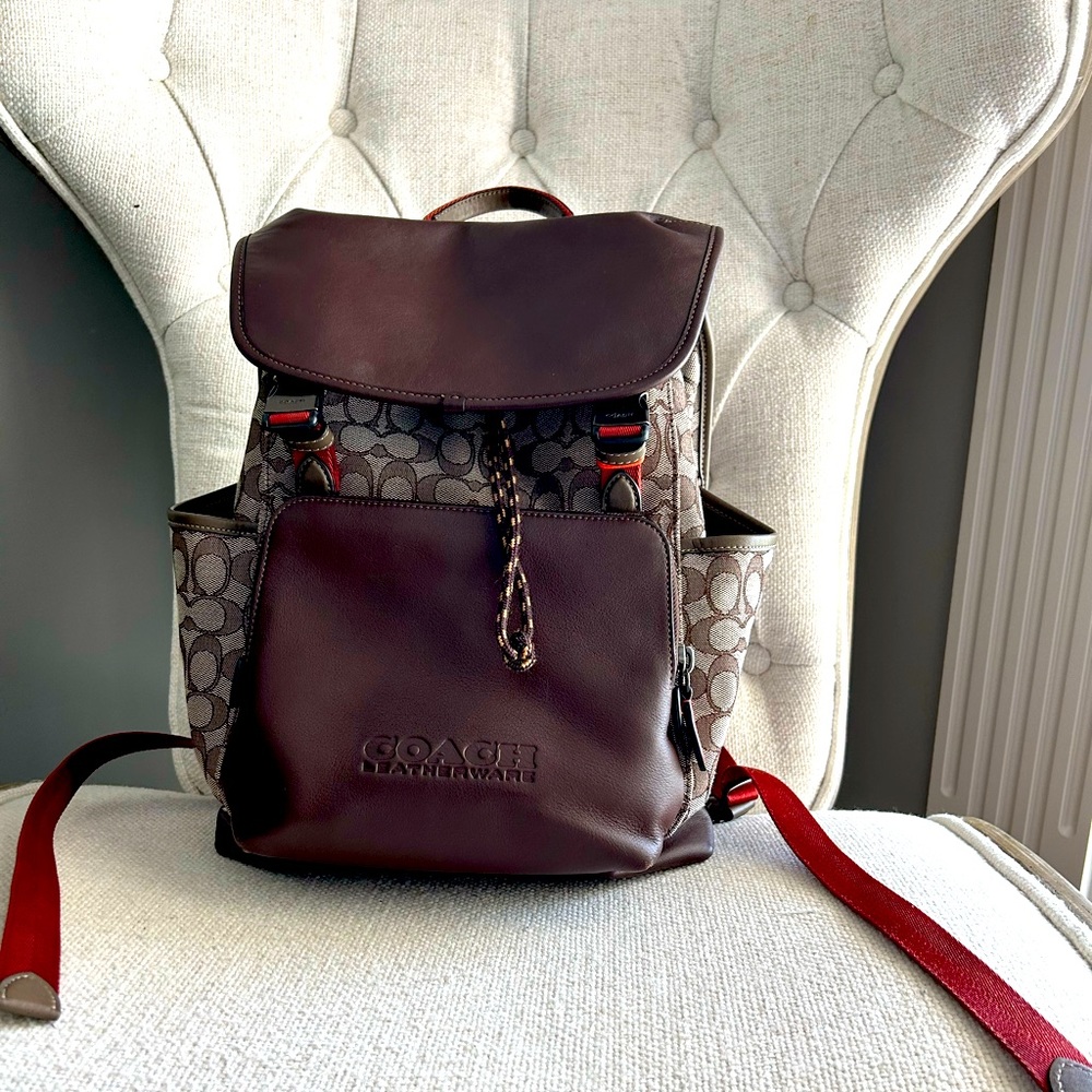 Coach League Flap Backpack In Signature Jacquard Brown